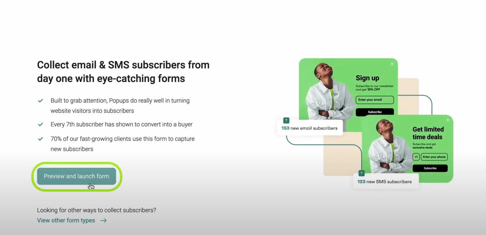 WooCommerce checkout plugins: A webpage promoting email and SMS subscriber forms with bullet points explaining benefits. Two sample popup forms are shown; one for email, one for SMS. A green Preview and launch form button is highlighted.