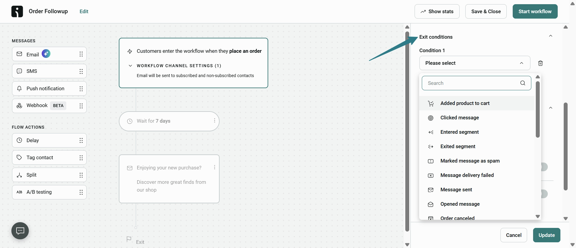 Shopify funnel builder: A workflow builder interface for order follow-up is shown, with options for email, SMS, and push notifications. An Exit conditions panel is open on the right, highlighting condition selection.