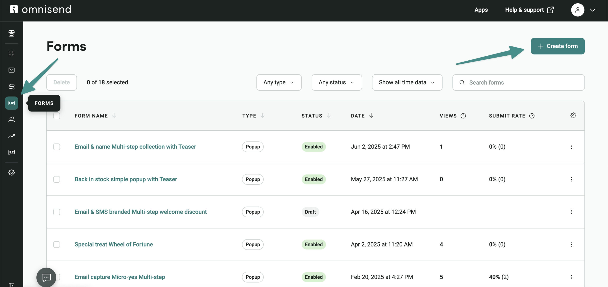 Online business ideas: A dashboard from Omnisends Forms section shows a list of created forms with details like name, type, status, date, and views. The Create form button is highlighted in the upper right corner.