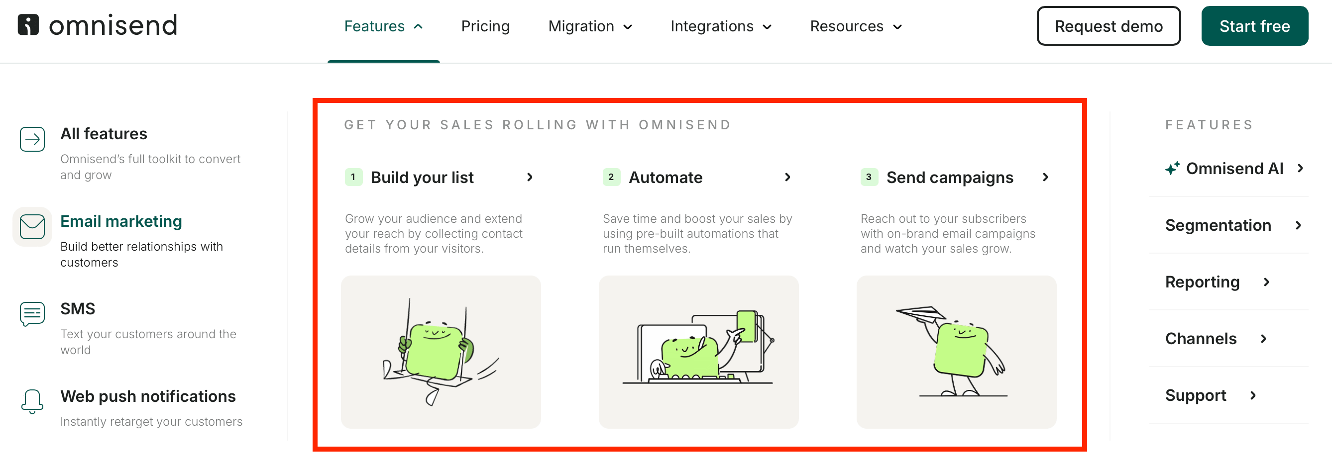 beauty dropshipping: Omnisend's webpage showing three steps to start getting sales with Omnisend
