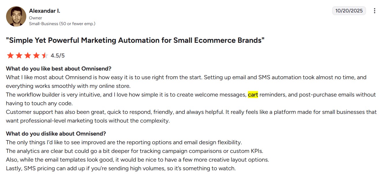 WooCommerrce abandoned cart plugins: omnisend review on G2 with the headline "simple yet powerful marketing automation for small ecommerce brands"