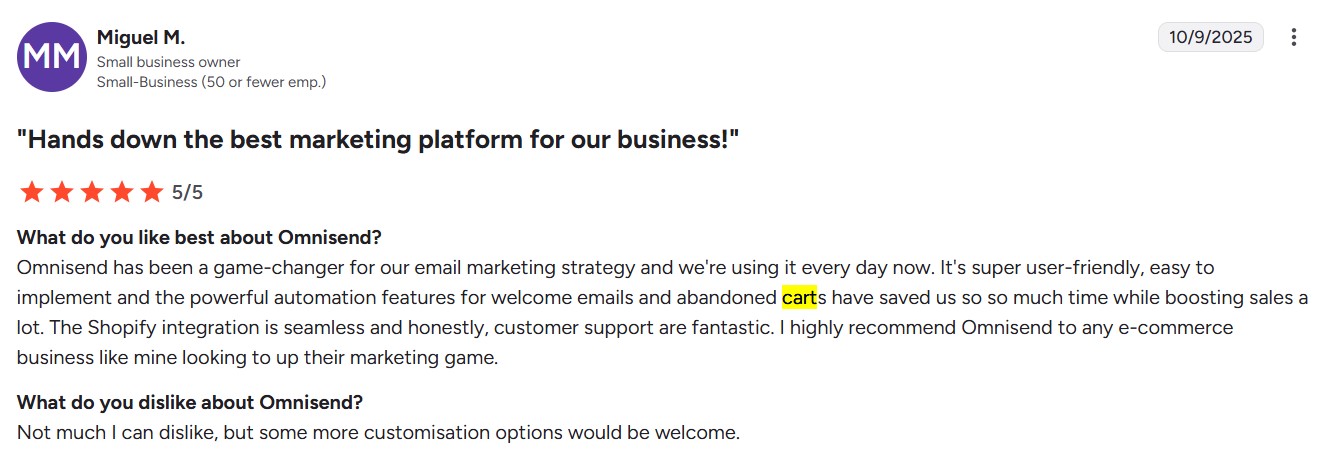 WooCommerrce abandoned cart plugins: omnisend review on G2 with the headline "hands down the best marketing platform for our business"