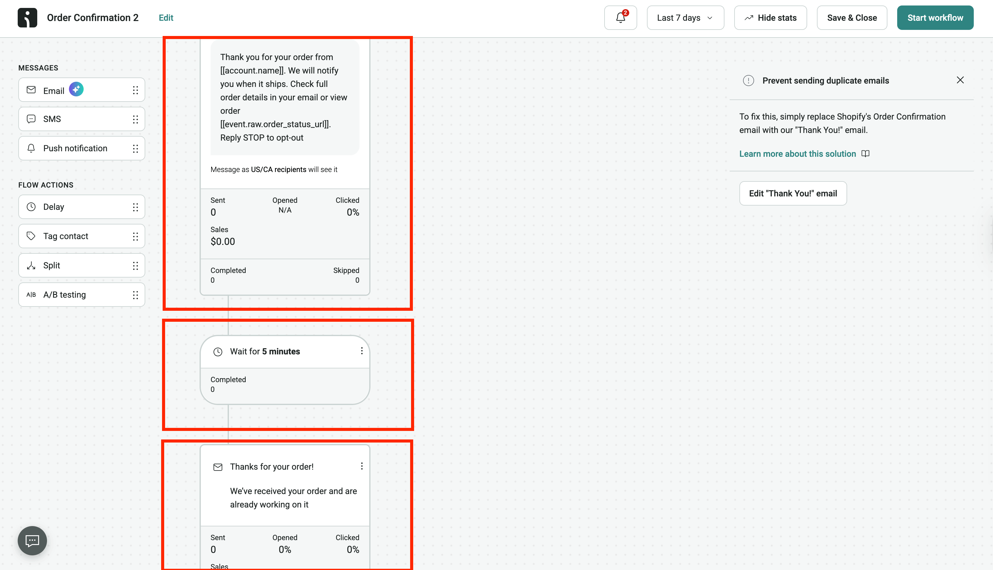 Dropship fulfillment: A workflow editor screen displays an order confirmation automation with three steps, each outlined in red: an initial order confirmation message, a 5-minute wait step, and a follow-up message confirming receipt of the order.
