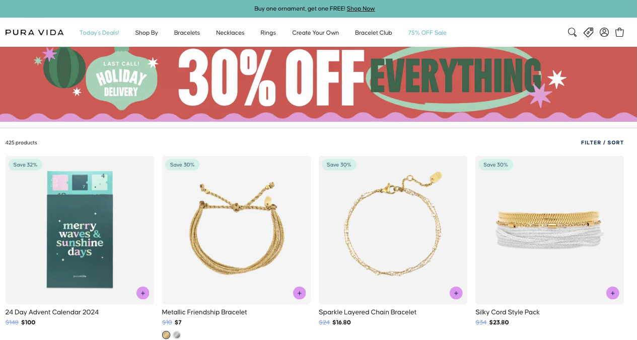 Online business ideas: Website screenshot showing a large banner with 30% OFF EVERYTHING in red and green text, holiday delivery notice, and four jewelry items below with prices and save 30% labels, including bracelets and an advent calendar.