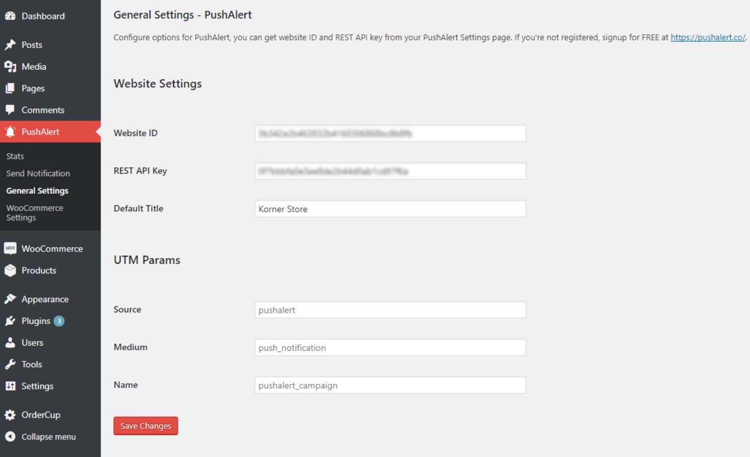 pushalert general settings interface where you can enter website ID, REST API key, default title, and UTM parameters