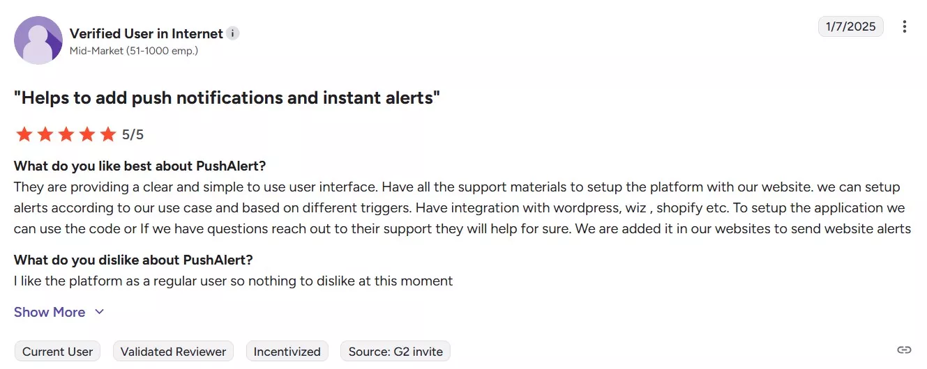 pushalerts review with the headline "helps to add push notificatiions and instant alerts"