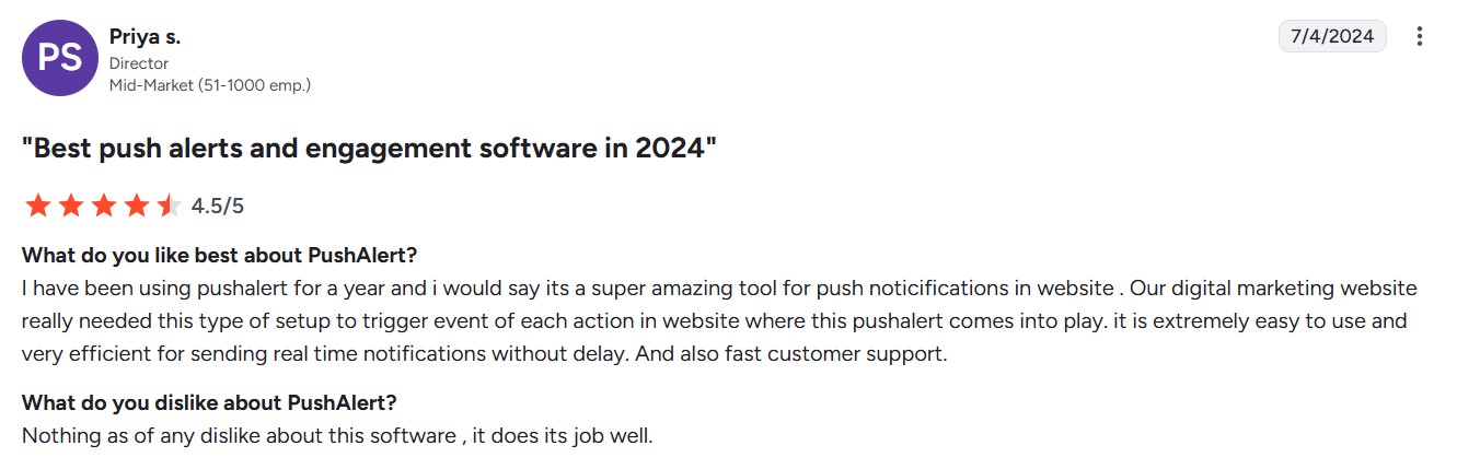 pushalert review with the headline "best push alerts and engagement software in 2024"