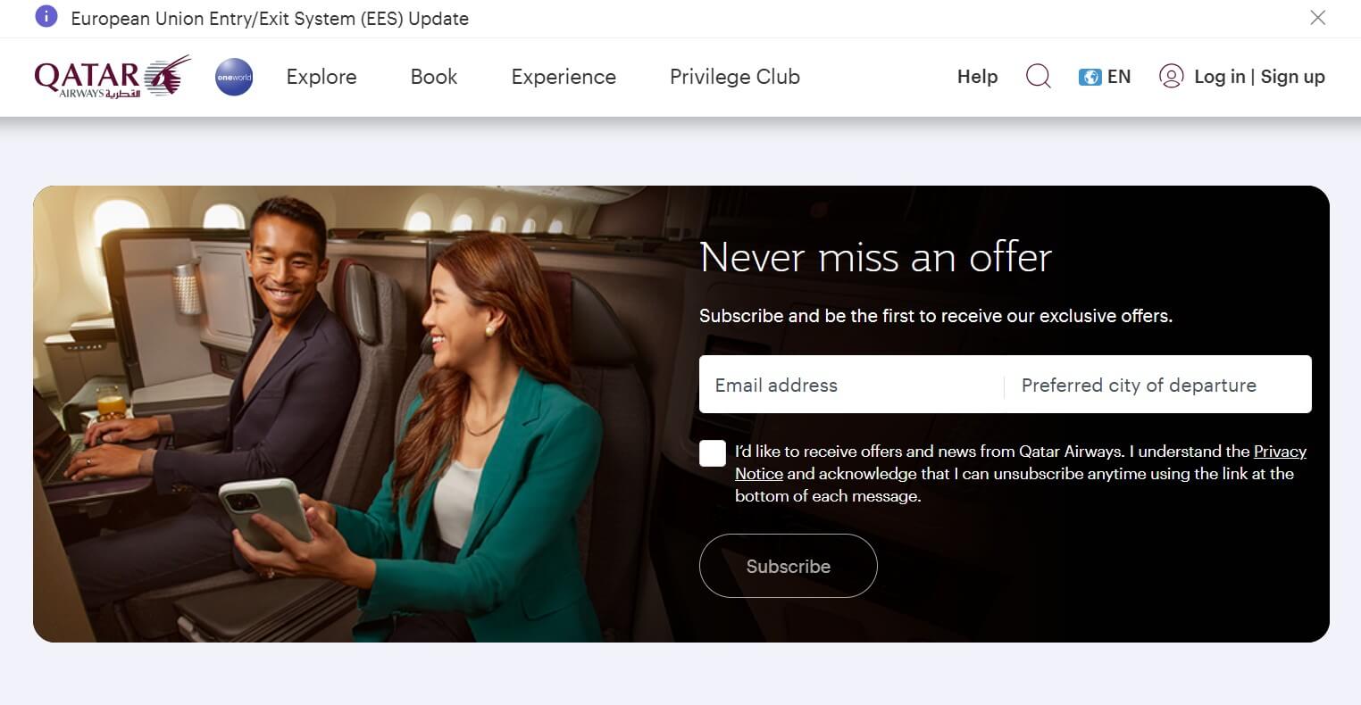 Qatar Airways email signup form to get flight offers, with passengers seated in business class