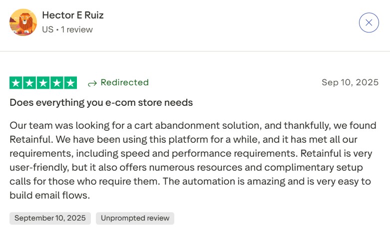 retainful review with the headline "does everything your e-com store needs"