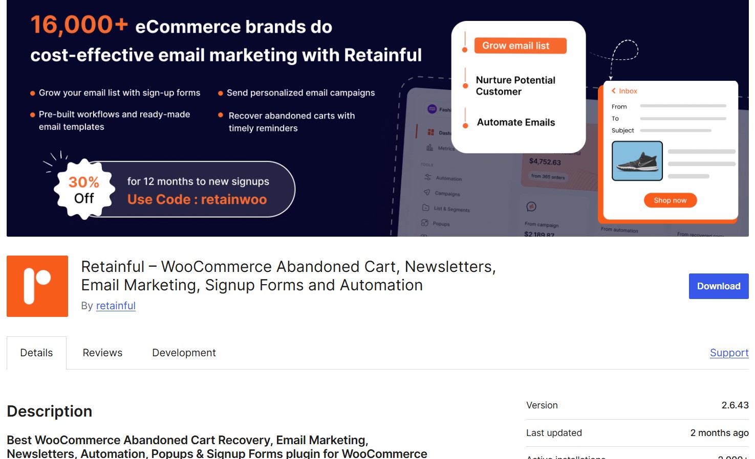 WooCommerrce abandoned cart plugins: retainful plugin download page