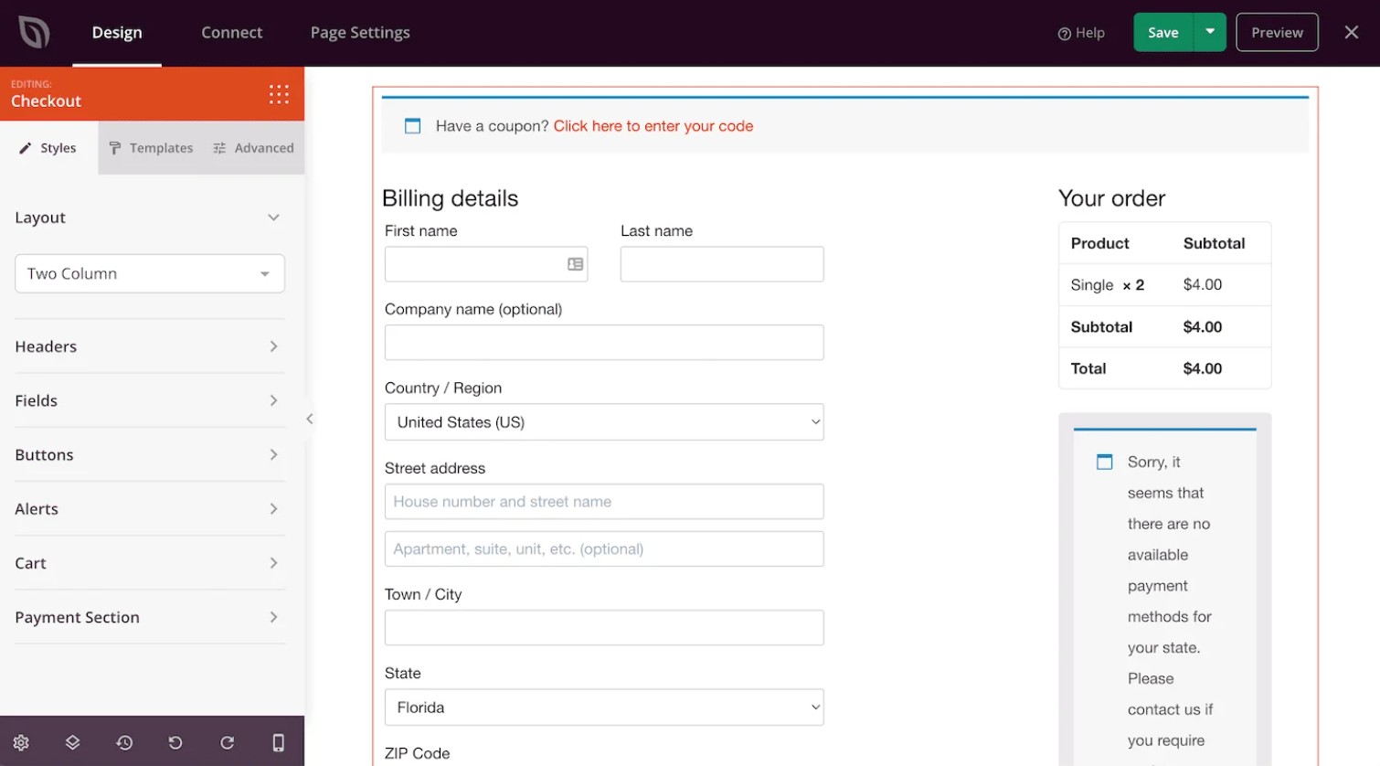 WooCommerce checkout plugins: A checkout page editor interface displays billing details fields on the left and an order summary on the right, with subtotal prices for items. The top menu includes options to save, preview, and navigate between sections.