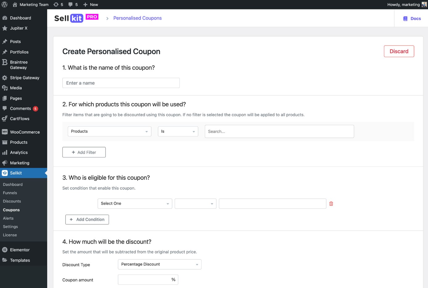 sellkit's personalization coupon settings where you can set the name, select which products it applies to, who is eligible for the coupon, and how much the discount will be