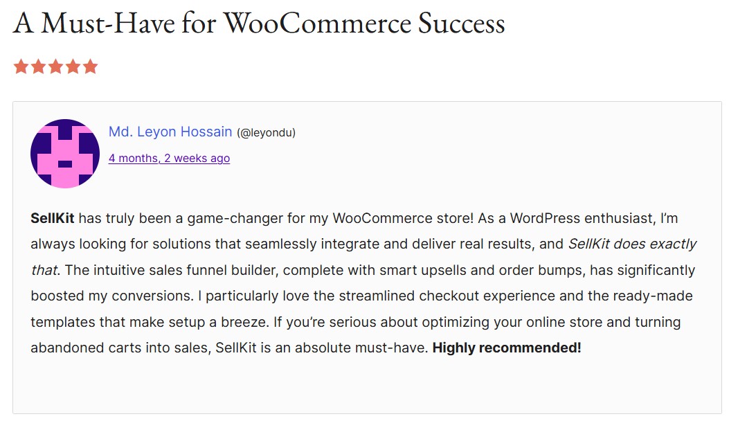 sellkit's review with the headline "a must-have for woocommerce success"