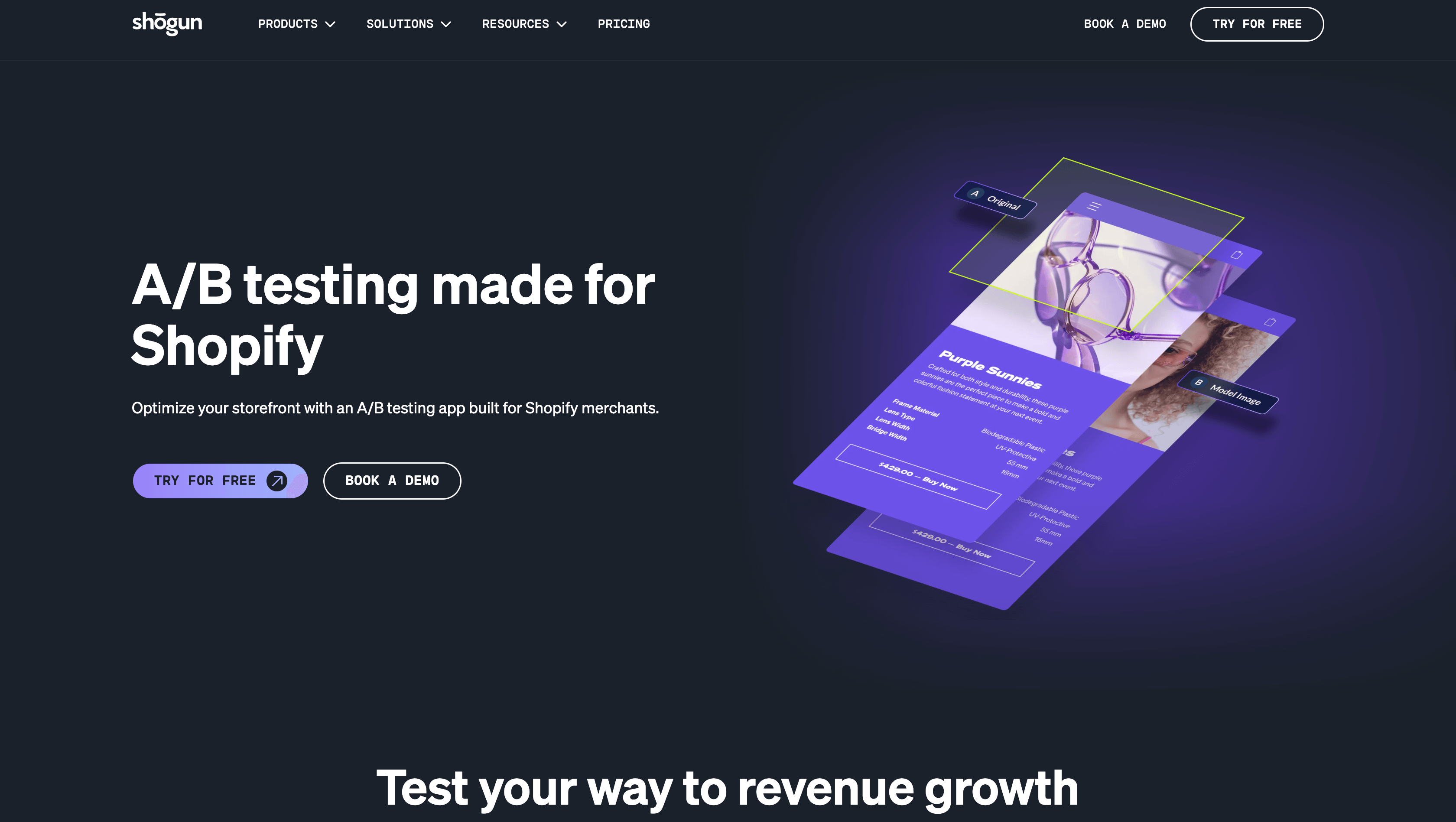 AB testing on Shopify: Shogun home page