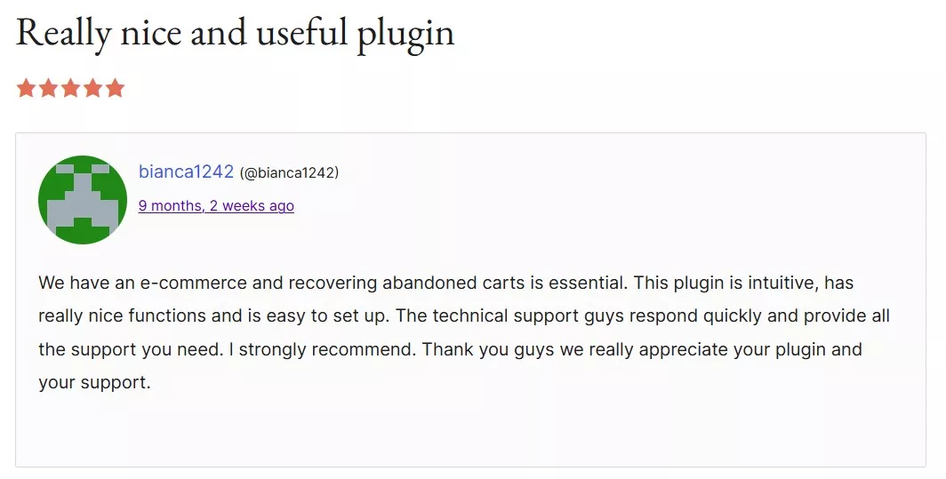 WooCommerrce abandoned cart plugins: shopmagic review with the headline "really nice and useful plugin"