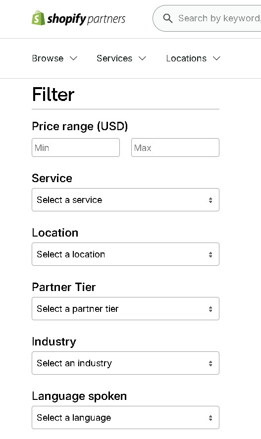 shopify development services:  shopify partners filtering section where you can choose price range, service, location, partner tier, industry, language
