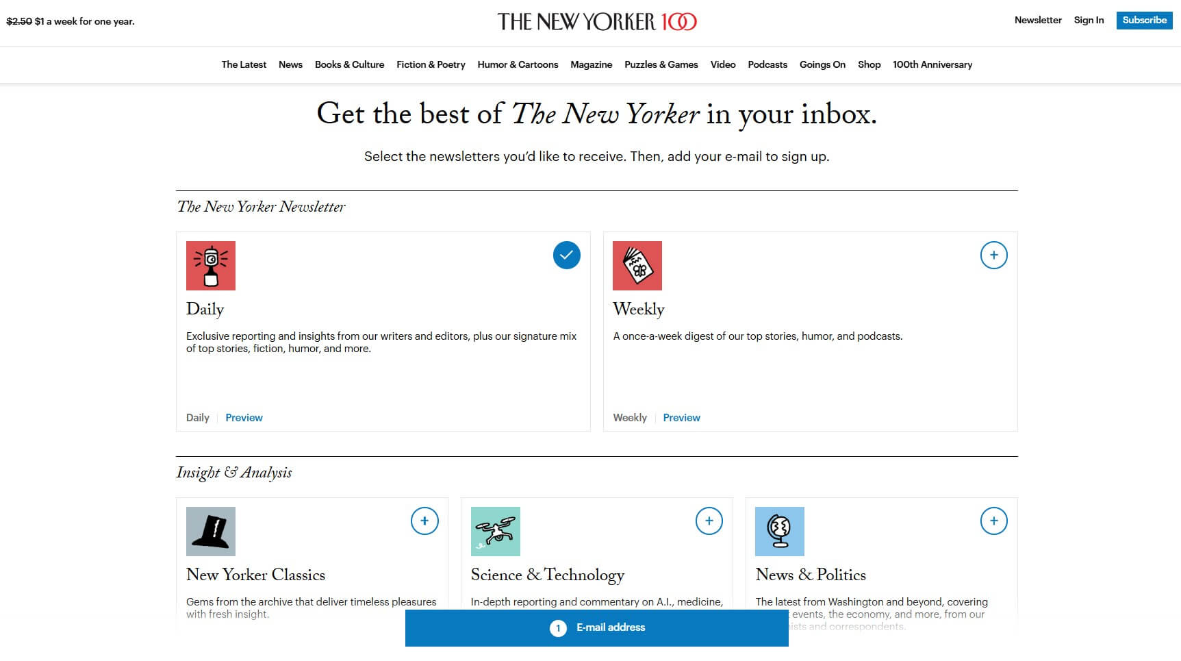 New Yorker email newsletter signup page with list options and email address step bar