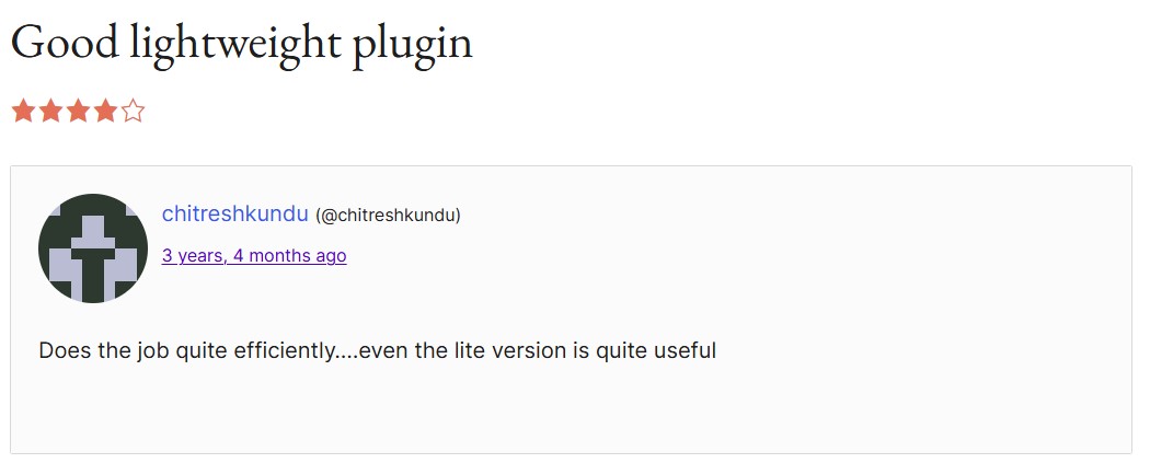 Tyche review with the headline "good lightweight plugin"