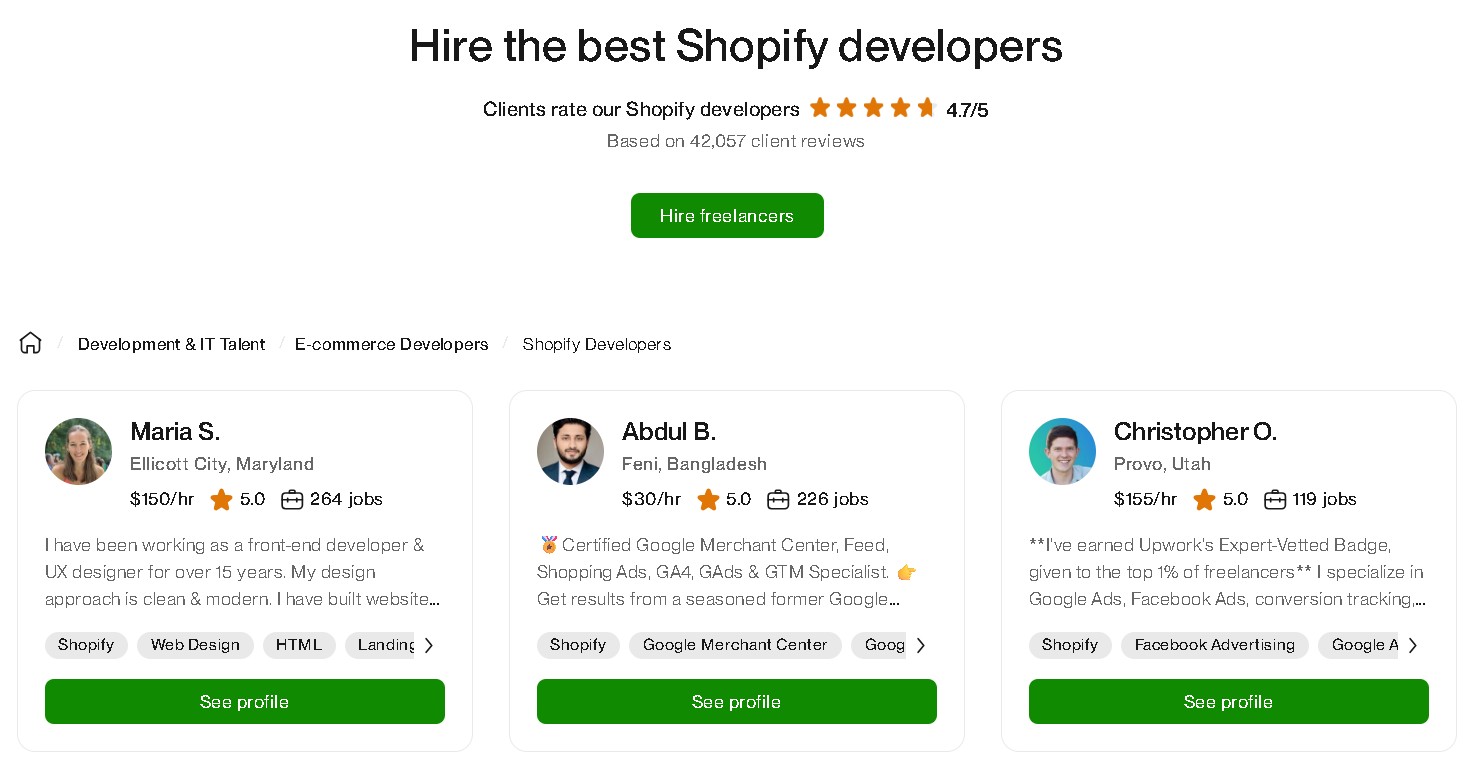 shopify development services: developer hiring page on Upwork that allows you to hire freelancers