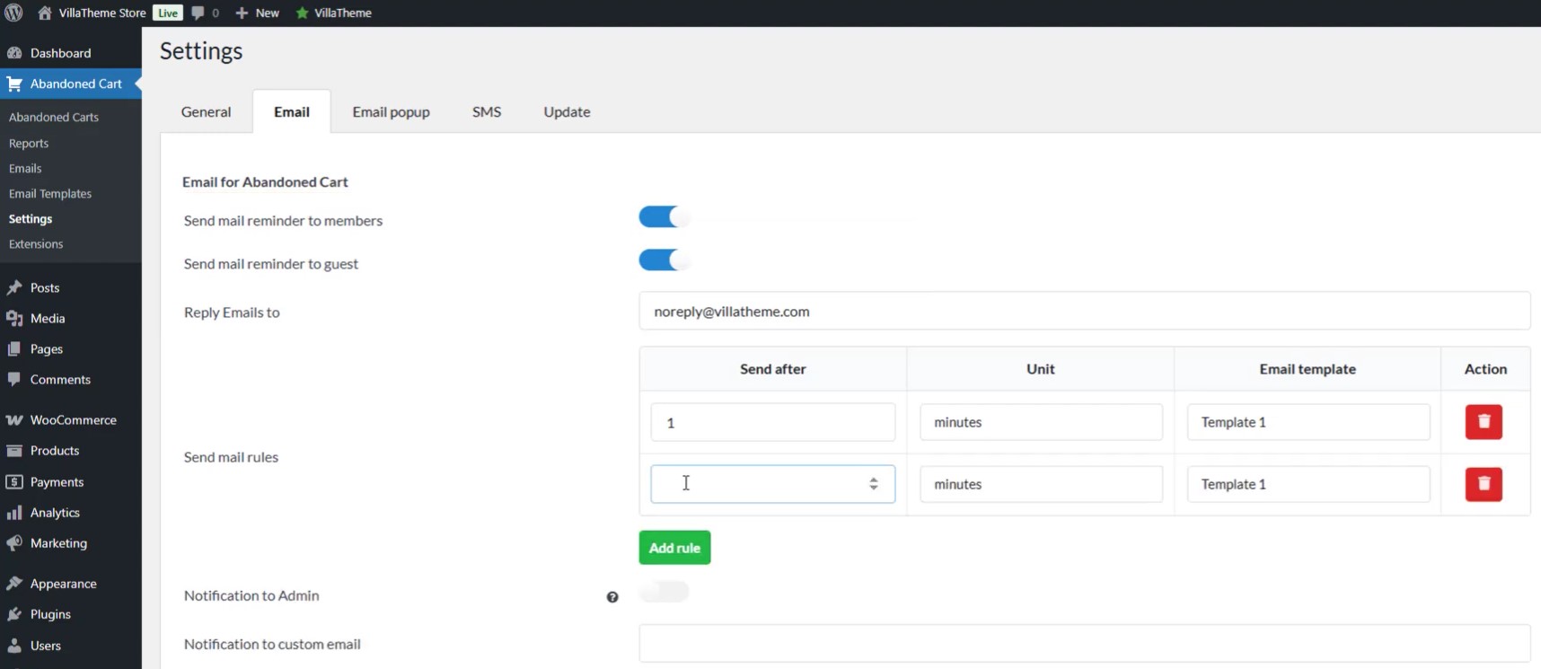 villathemes plugin settings where you can toggle mail sending settings, set reply emails, set mail rules, and more