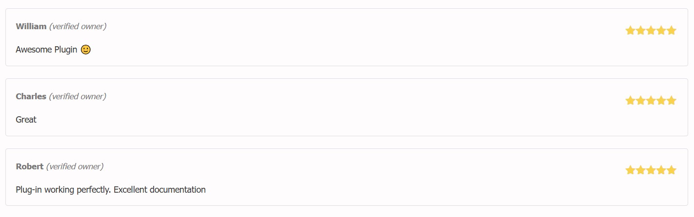 three villathemes reviews that all rated 5 stars and said "awesome plugin", "great", and "plug-in working perfectly, excellent documentation"