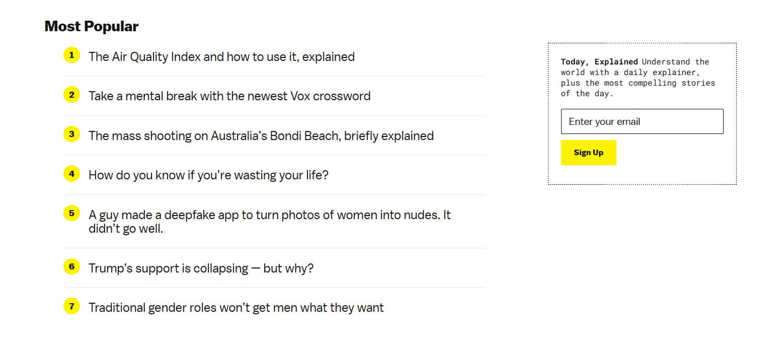 Vox Today Explained sidebar email newsletter signup box beside most popular articles list