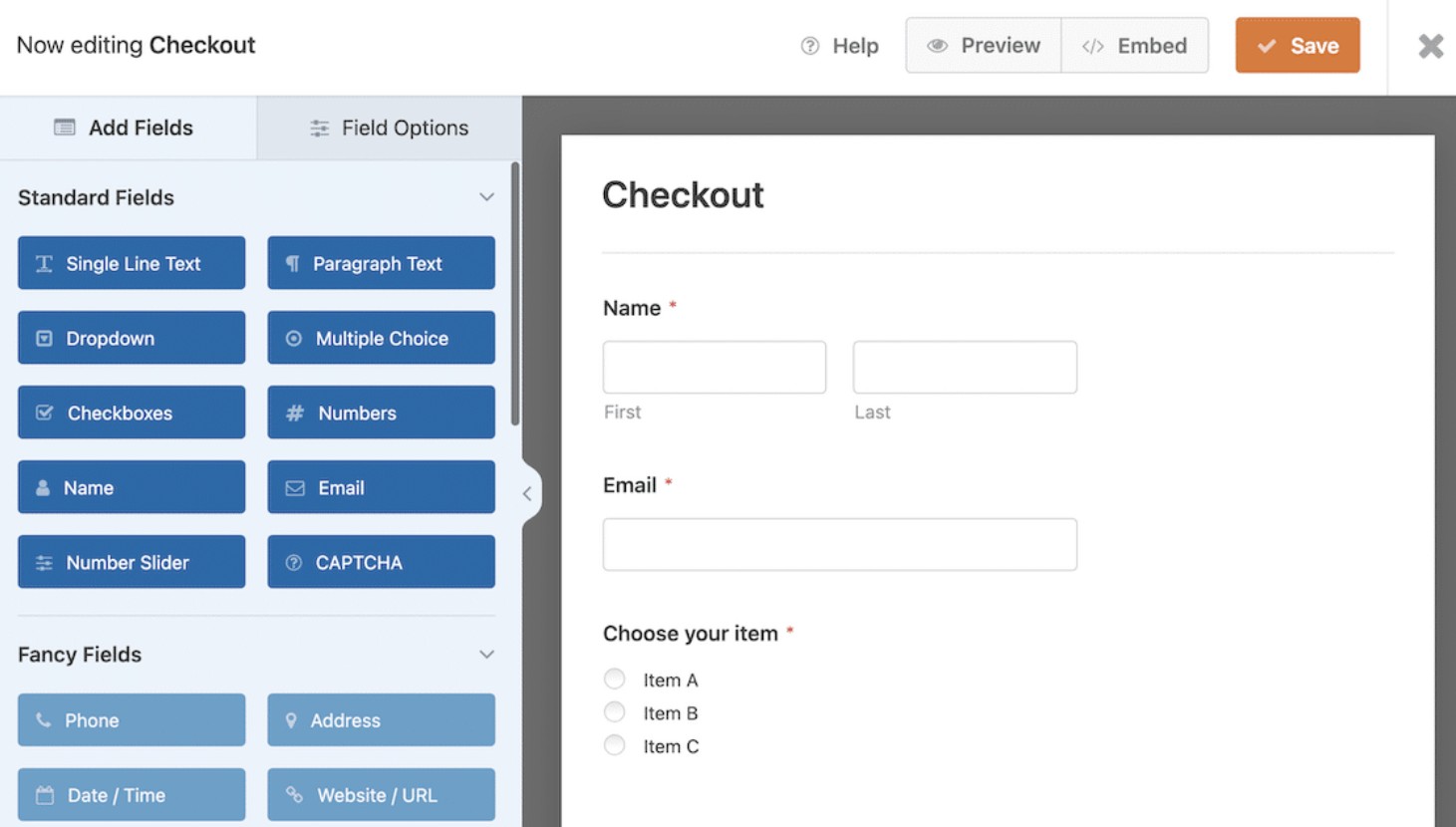 WooCommerce checkout plugins: A form builder interface showing a Checkout form with fields for name, email, and item selection. On the left, field options like text, dropdown, and checkboxes are available to add to the form.