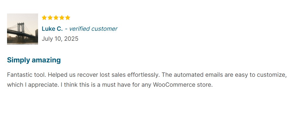 WooCommerrce abandoned cart plugins: YITH review with the headline "simply amazing"