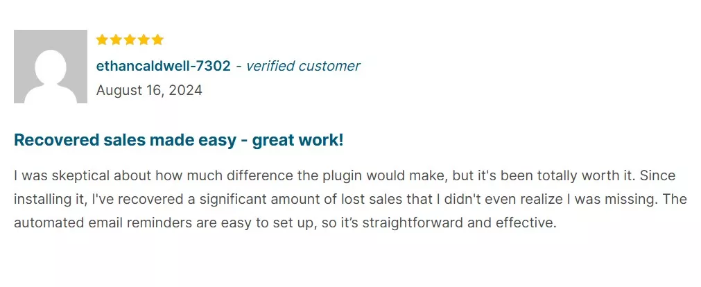 WooCommerrce abandoned cart plugins: YITH review with the headline "recovered sales made easy - great work"