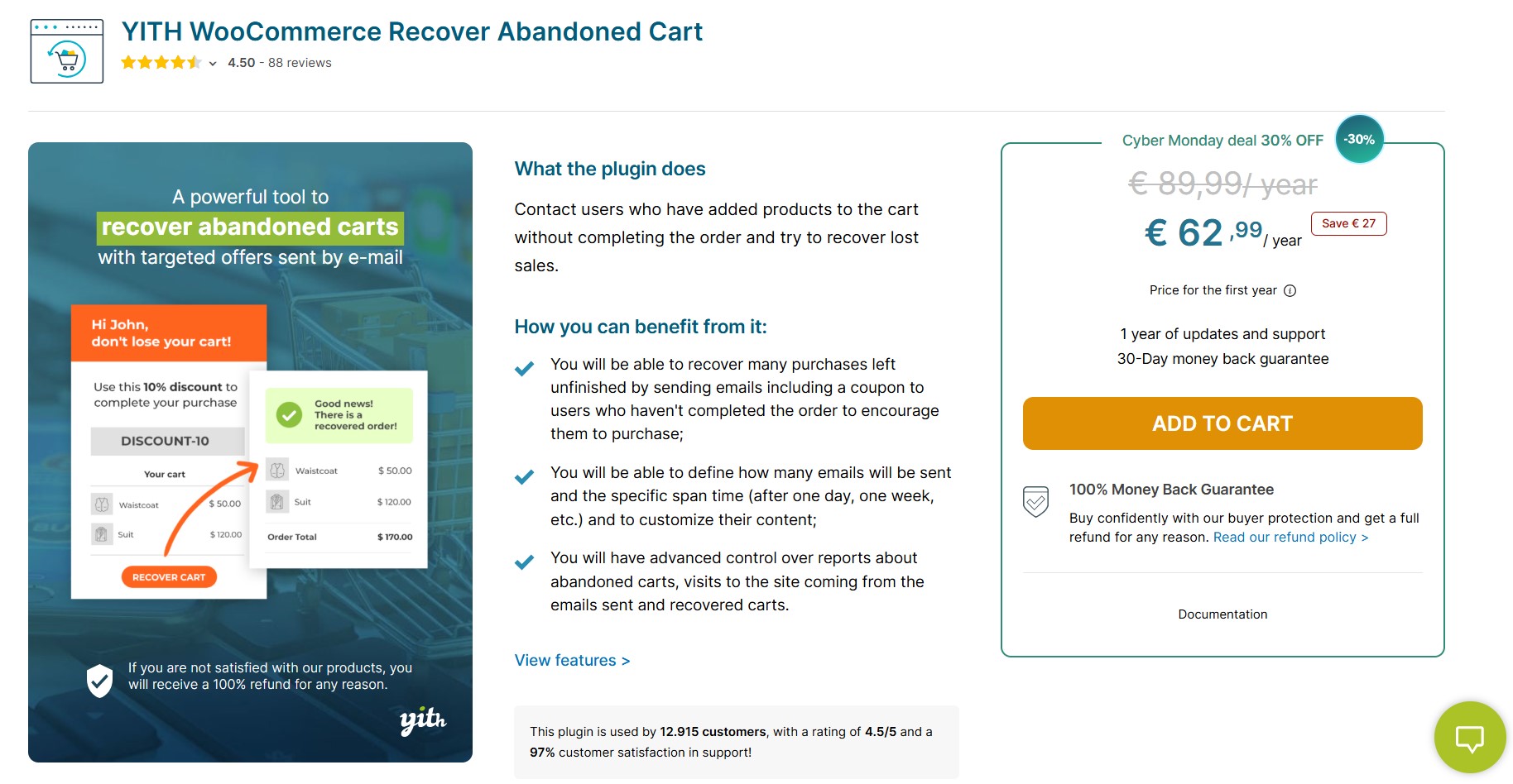 WooCommerrce abandoned cart plugins: YITH woocommerce recover abandoned cart plugin page