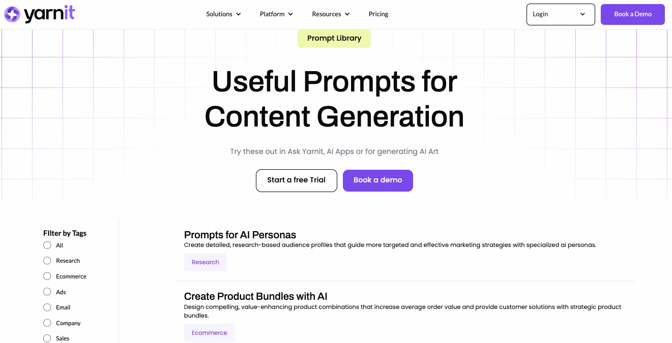 Online business ideas: A website page from Yarnit titled Useful Prompts for Content Generation shows options to start a free trial or book a demo, with prompt suggestions for AI personas and creating product bundles. A filter by tags is visible on the left.