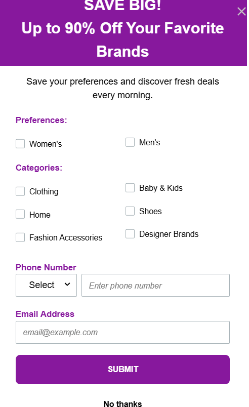 Fashion deals signup popup with brand preferences, phone and email fields for discounts