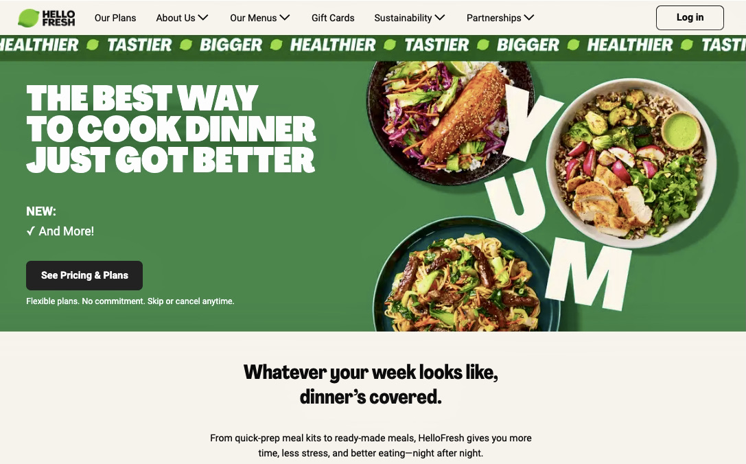 Online business ideas: A HelloFresh website page shows the slogan “The best way to cook dinner just got better” beside plates of colorful, fresh food and large “YUM” letters on a green background, with a “See Pricing & Plans” button below.