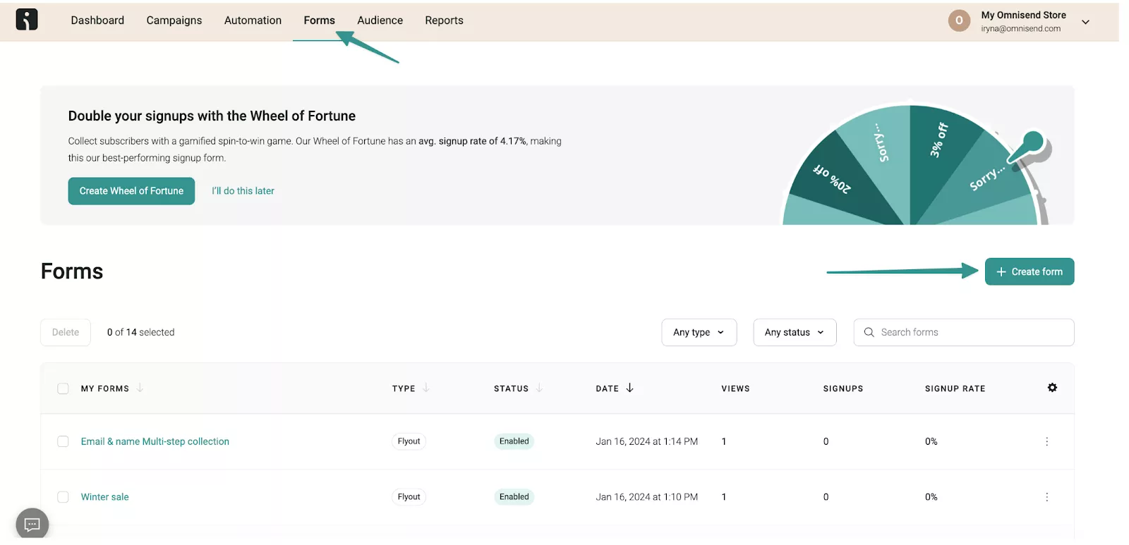 Omnisend dashboard showing Wheel of Fortune email signup form and Create form button