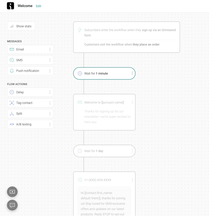 WooCommerce checkout plugins: A workflow automation interface shows a sequence of steps, including wait times, message options like Email, SMS, and Push, and flow actions such as Delay, Tag, Split, and A/B testing. The workflow step Wait for 1 minute is highlighted.