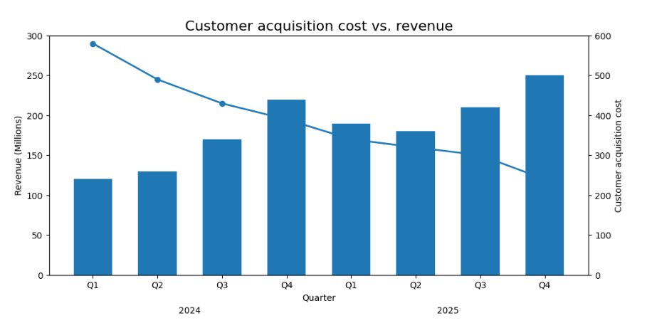 Customer acquisition strategies: Bar and line chart showing quarterly revenue (bars, left axis, in millions) rising from Q1 2024 to Q4 2025, while customer acquisition cost (line, right axis) steadily declines over the same period.