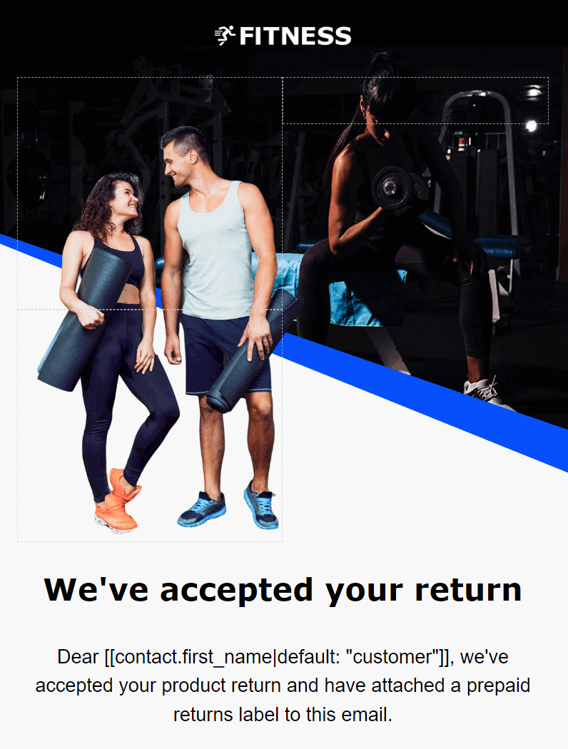 Customer service email: Two people in workout clothes smile at each other in a gym, each holding a yoga mat. The text says [[contact.first_name|default: "customer"]] instead of genuine names.