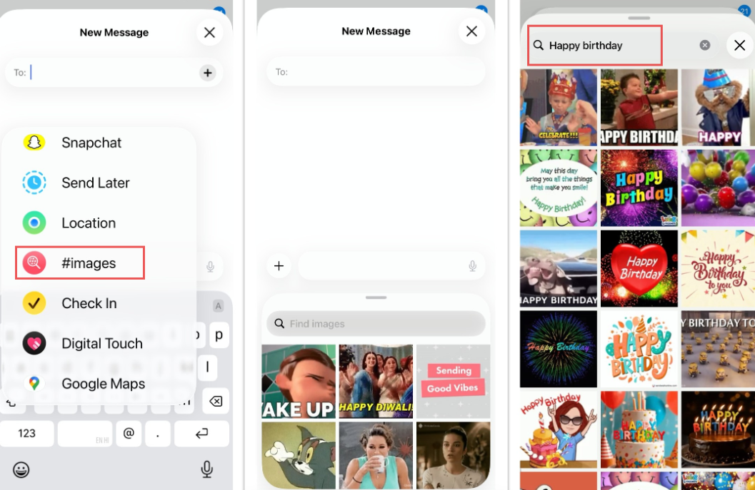 How to add GIF to text: Three side-by-side smartphone screenshots show how to search for and send a happy birthday GIF in a text message, starting from the keyboard, selecting the GIF icon, and browsing search results.