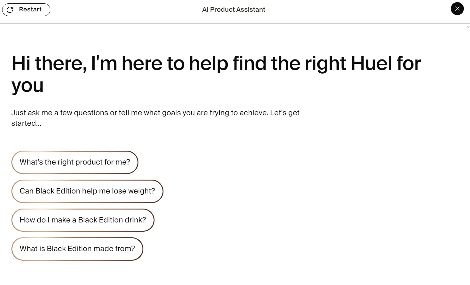 Marketing funnel: A webpage titled AI Product Assistant displays a greeting offering help to find the right Huel product, with four clickable questions about product selection, weight loss, drink preparation, and ingredients.
