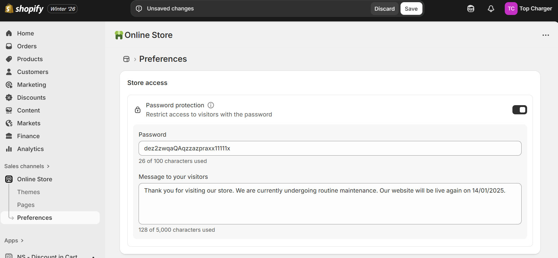 Shopify store maintenance: Shopify admin page showing the Preferences section under Online Store, with password protection enabled and a maintenance message for visitors saying the site will be live again on 14/10/2025.