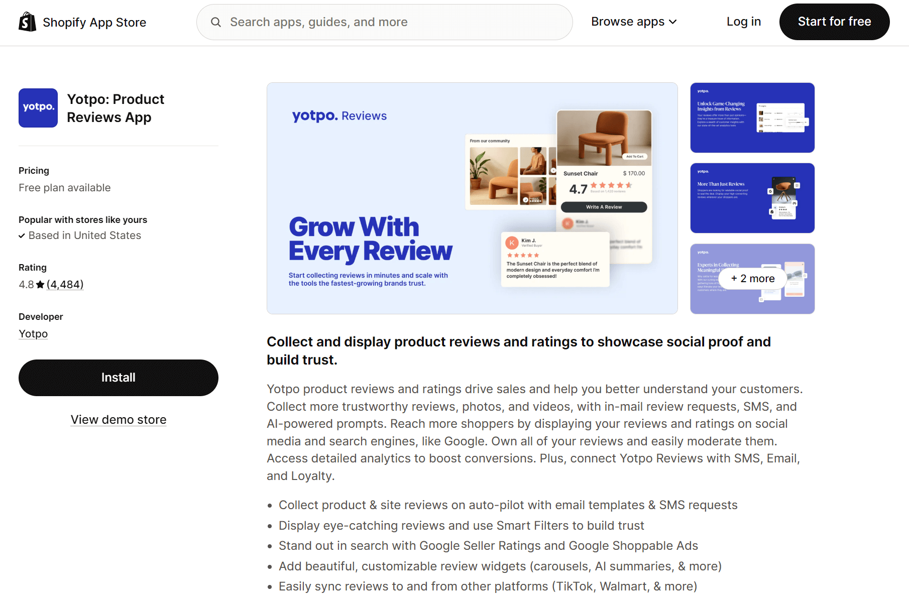 Shopify reviews alternatives: Screenshot of the Yotpo Product Reviews App page on Shopify App Store, showing app ratings, pricing, a blue banner with review widgets, and a summary describing its customer review and rating features.