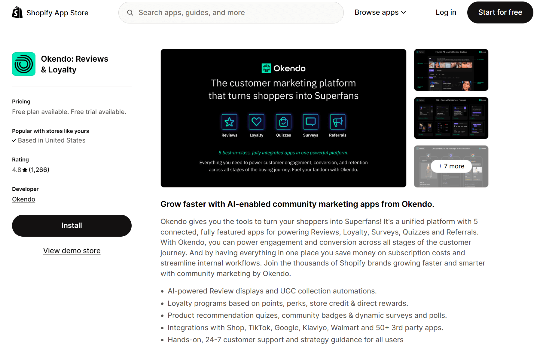 Shopify reviews alternatives: Screenshot of the Okendo app listing on the Shopify App Store, showing its features, an Install button, app ratings, pricing info, Okendo’s branding, and a description of its community marketing tools.