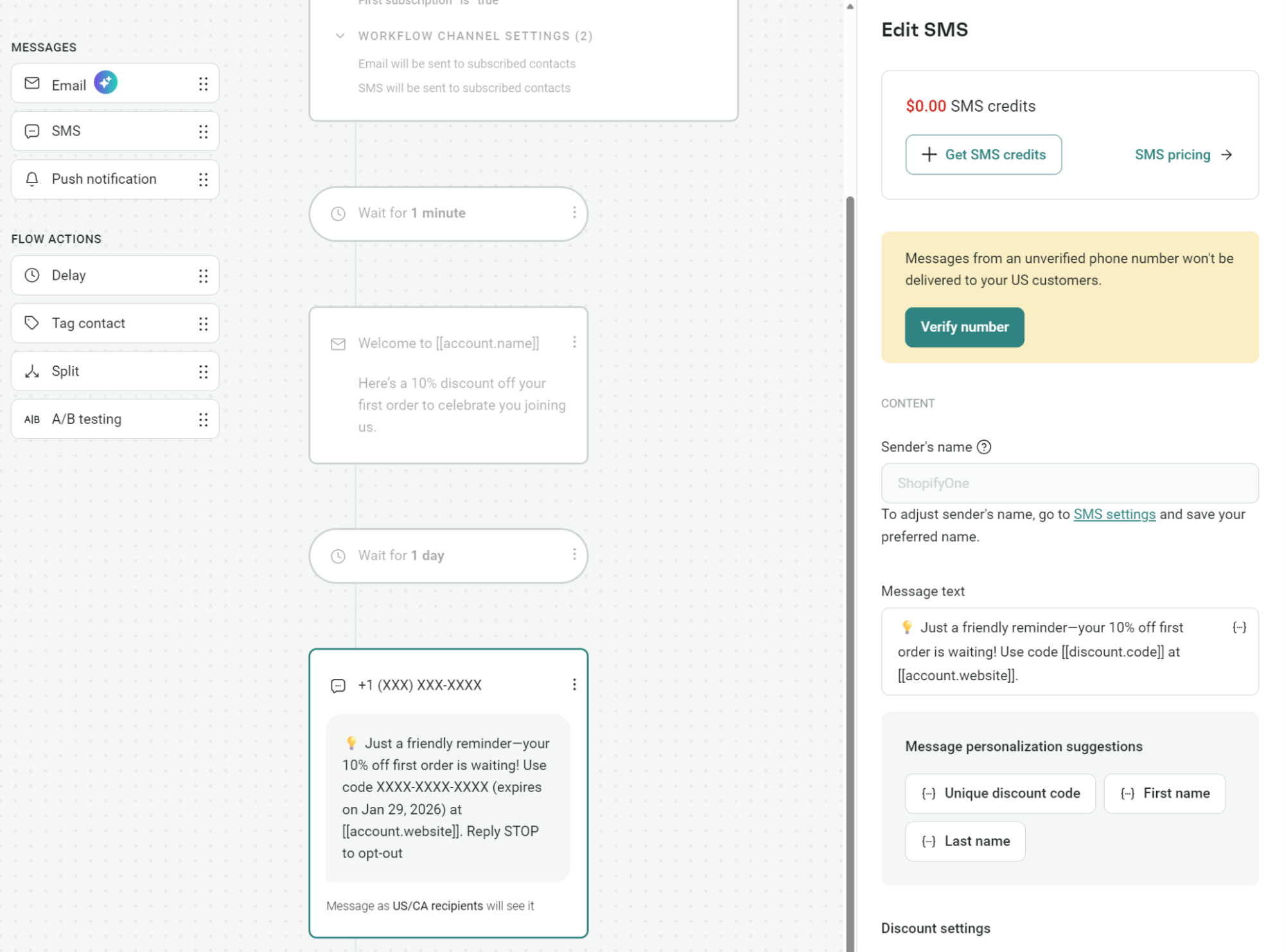 Automated text messages: Screenshot of a marketing automation platform showing an SMS message workflow. The screen displays steps for sending a discount text to customers and an SMS editor previewing the message content and settings.