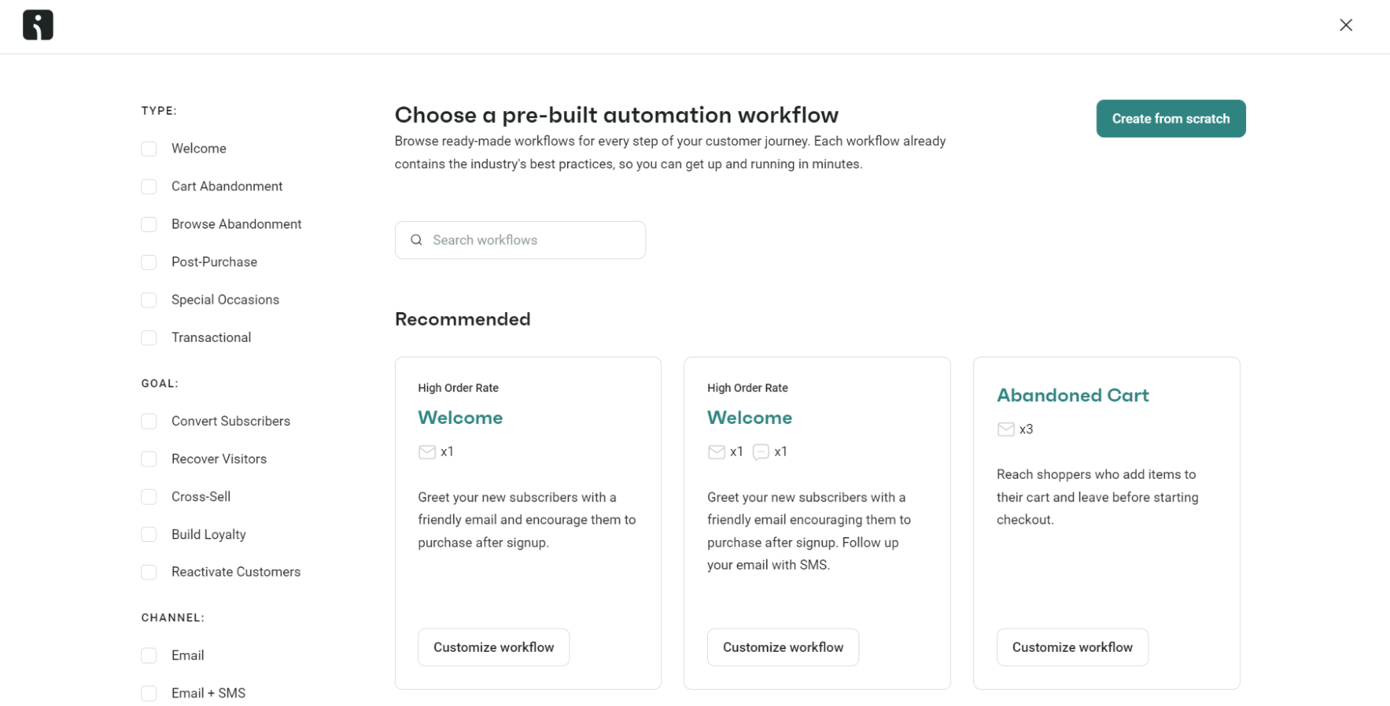 Shopify store maintenance: A dashboard interface displays options for choosing a pre-built automation workflow, with search and recommendation features. Recommended workflows include Welcome and Abandoned Cart, each offering customization options.