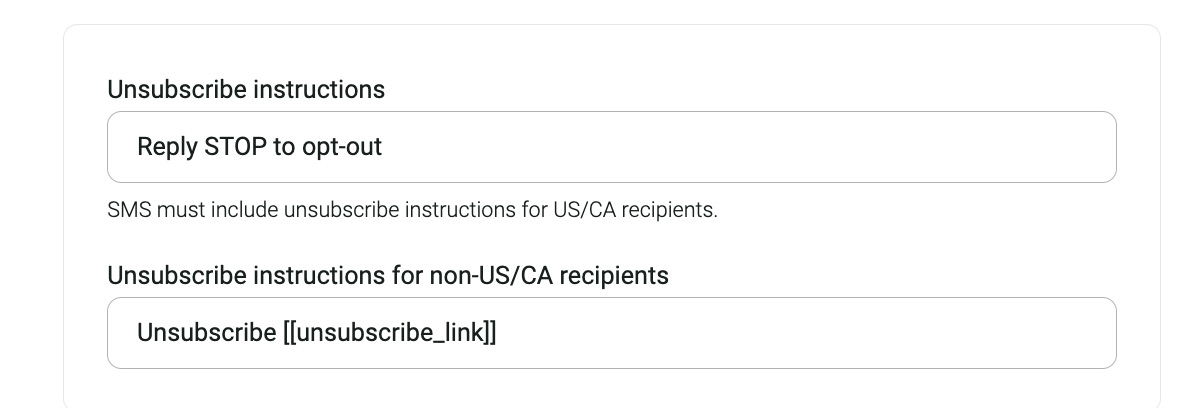 Lunar New Year marketing: Screenshot showing unsubscribe instructions. For US/CA recipients: Reply STOP to opt-out. For non-US/CA recipients: Unsubscribe [[unsubscribe_link]]. A note says SMS must include unsubscribe instructions for US/CA recipients.