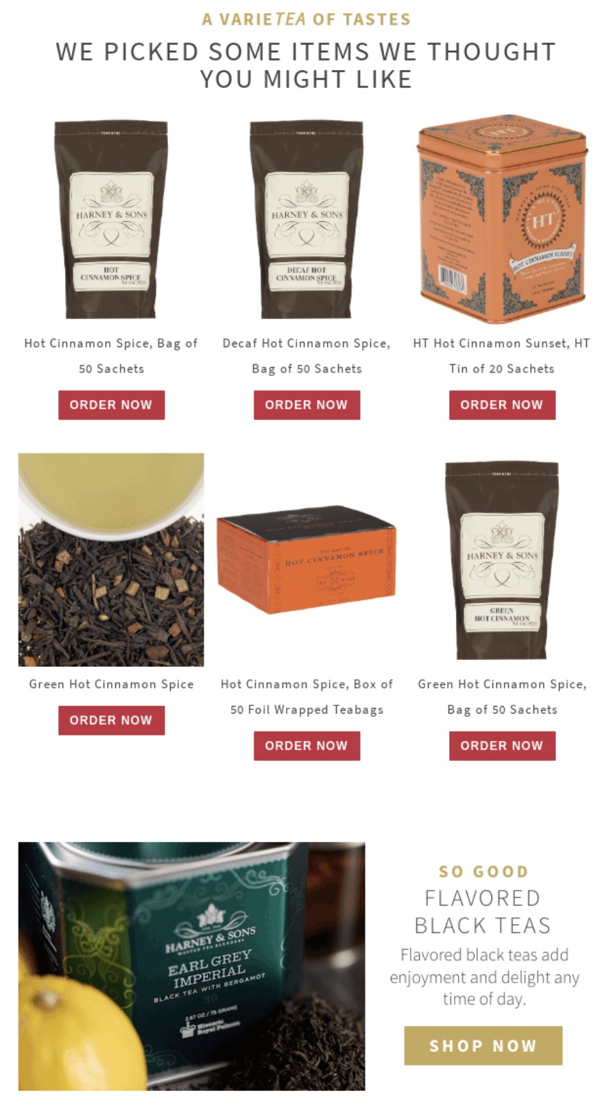 Thank you email templates: A selection of Harney & Sons tea products, including bags and tins of various blends like Hot Cinnamon Spice and Green Hot Cinnamon Spice, each with an Order Now button, plus a promo for flavored black teas.