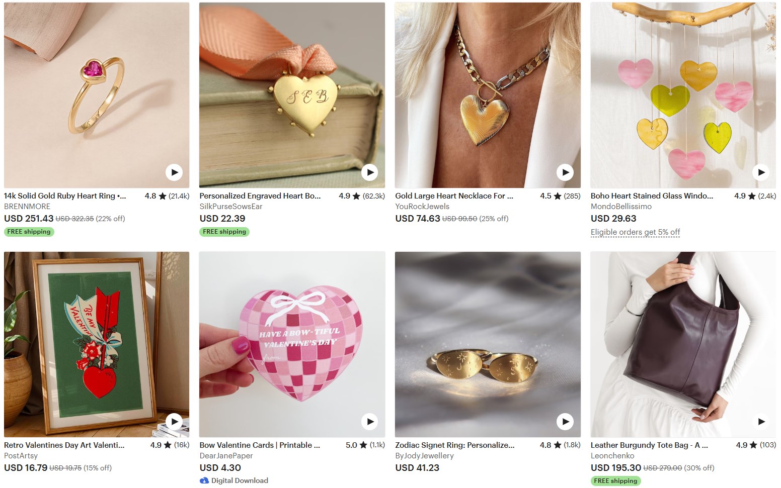 Customer acquisition strategies: A collage of eight Valentine’s Day gift ideas on Etsy, featuring heart-themed rings, necklaces, a stained glass suncatcher, greeting card, printable valentine, zodiac heart sunglasses, and a burgundy tote bag.