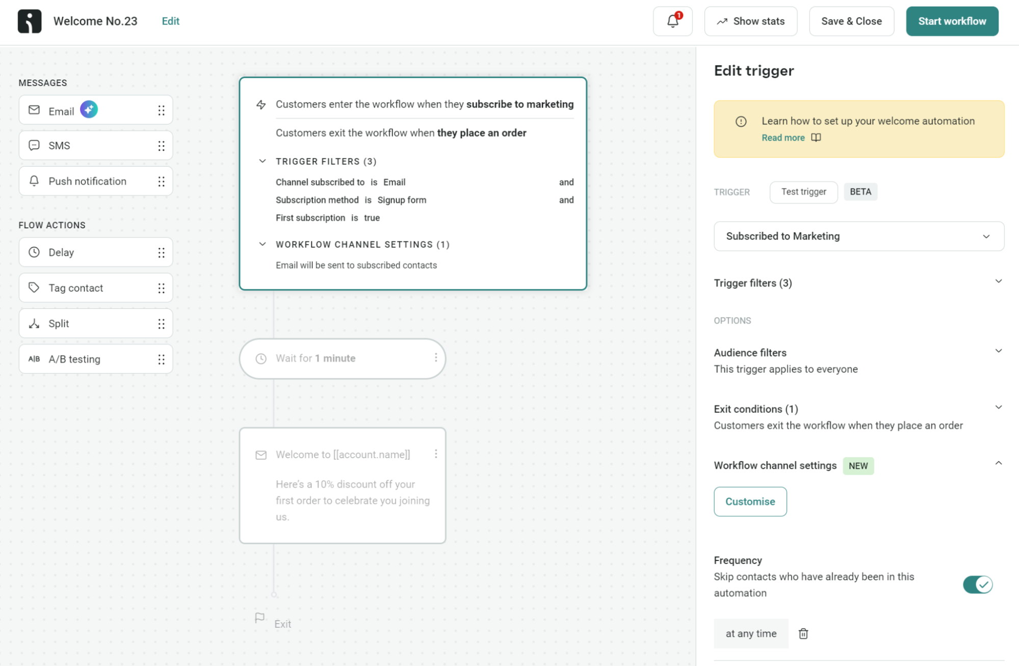 Omnisend vs MailerLite: A marketing automation workflow editor showing a trigger setup panel on the right and a visual flowchart workspace on the left, with steps for sending messages when customers subscribe to marketing.