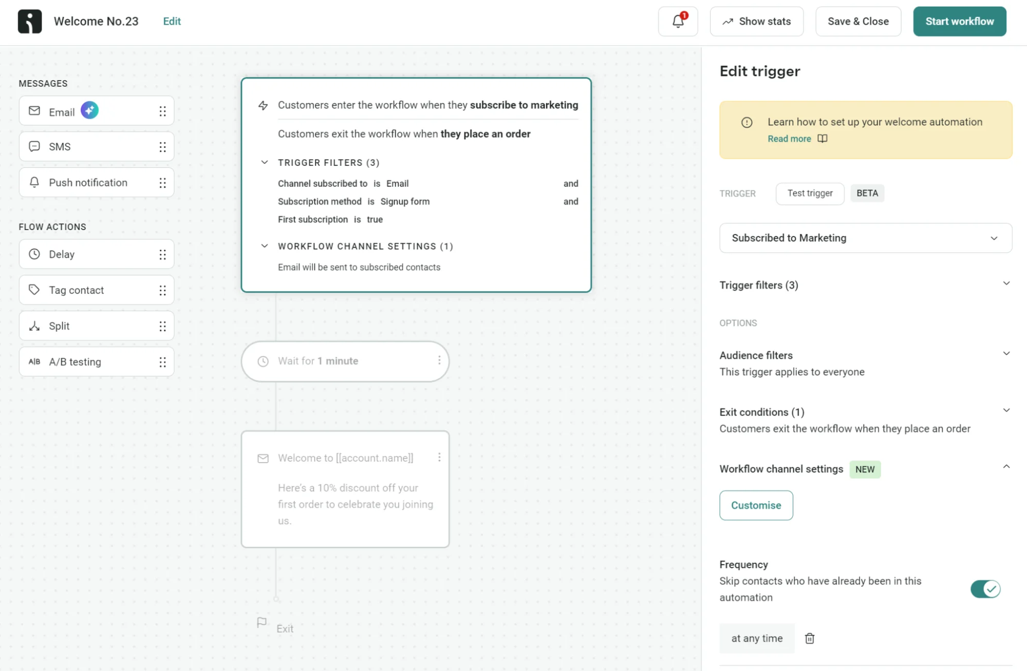 Omnisend vs MailerLite: A marketing automation workflow editor showing a trigger setup panel on the right and a visual flowchart workspace on the left, with steps for sending messages when customers subscribe to marketing.