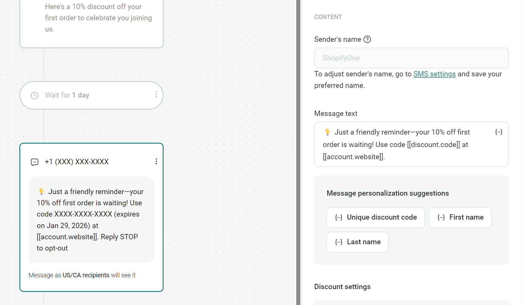 Automated text messages: A messaging workflow interface showing a text message template on the left, with a previewed message offering a 10% discount and a sample phone number. On the right, message and personalization settings are displayed.